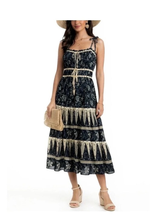 Christian Lacroix Dresses & Skirts - Christian Lacroix Navy and Cream Tiered Midi Dress Boho Cotton S